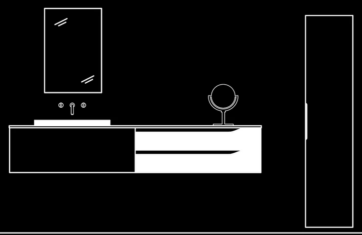 Line drawing of a floating bath vanity with a mirror and a tall cabinet