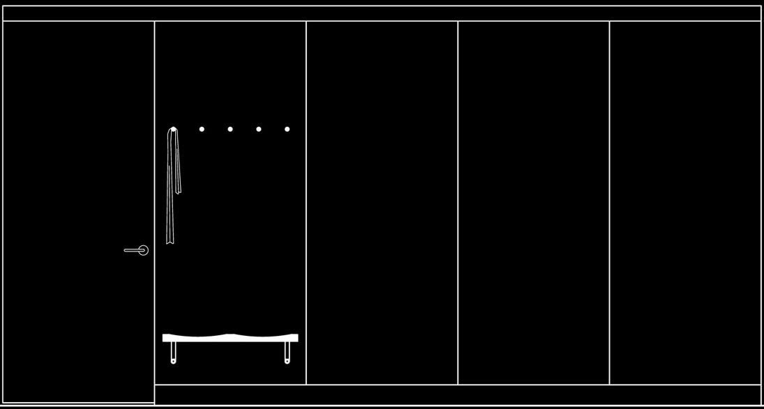 Line drawing of a paneled wall with a door, hooks and a bench